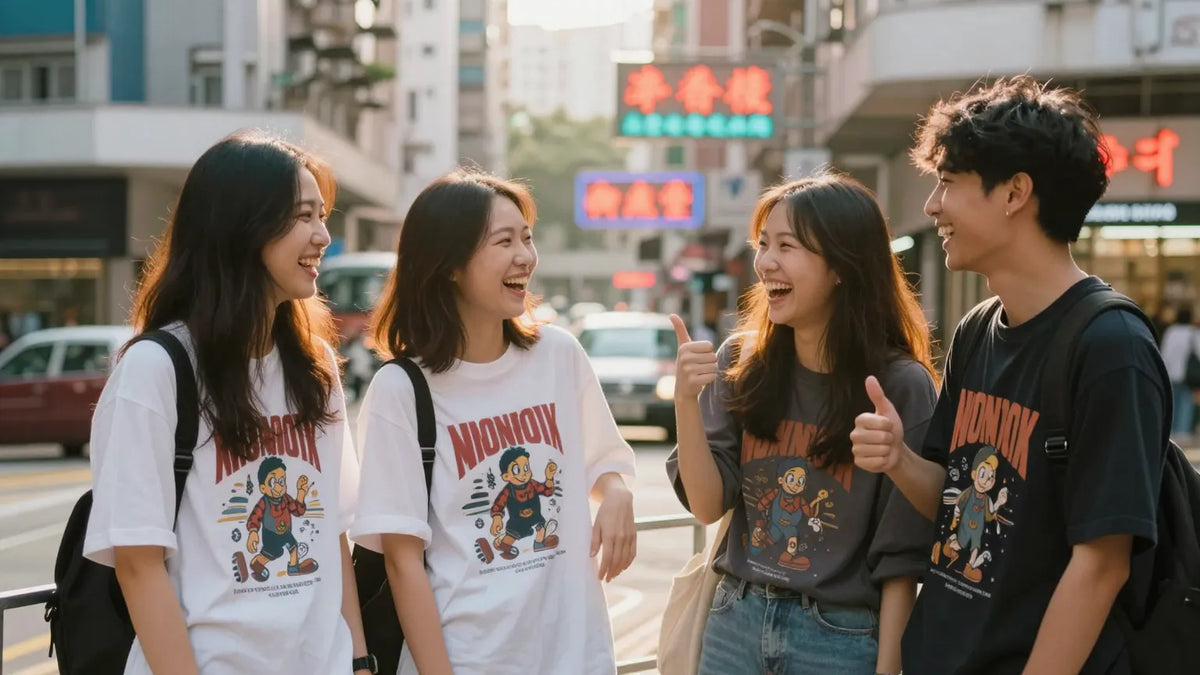 Group of young Cantonese friends laughing on a Hong Kong street corner at golden hour