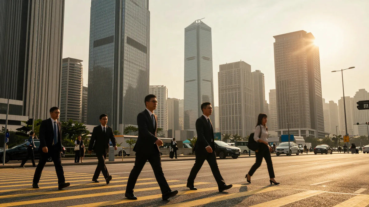 Cantonese office workers crossing a busy Central Hong Kong street at golden hour, skyscrapers rising behind them
