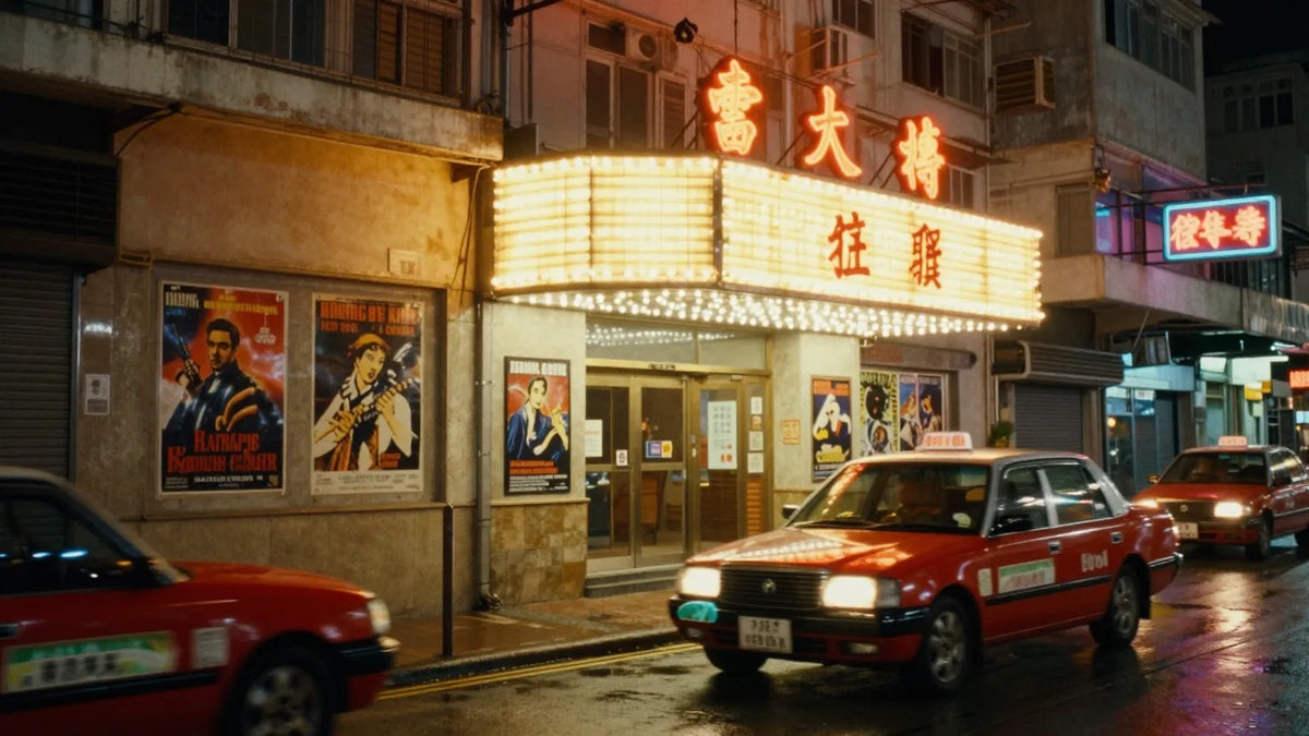 Vintage 1990s Hong Kong Central at night with glowing cinema marquee, parked red taxis, neon signs reflecting on wet pavement, grainy film photography