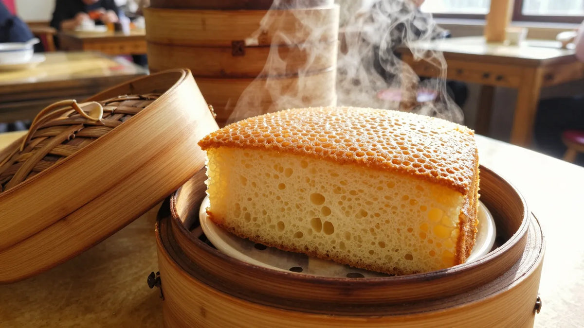 Close-up of a tall fluffy brown-sugar Ma Lai Gou sponge cake wedge in an open bamboo steamer at a Cantonese yum cha hall
