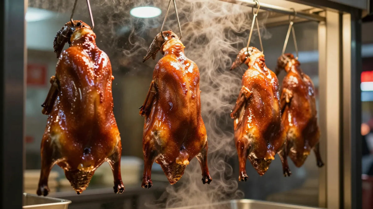 Glistening bronze-skinned Cantonese roast geese hanging on hooks in a Hong Kong siu mei shop window with rising steam