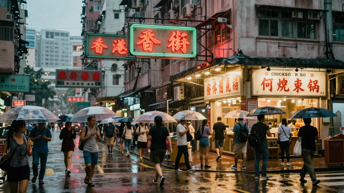 Dense Hong Kong street corner during a rainstorm with neon signs reflected on wet pavement and pedestrians under transparent umbrellas