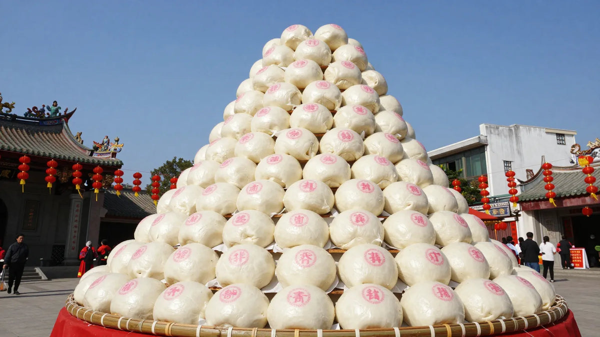 Giant bamboo Cheung Chau bun tower stacked with hundreds of pink-stamped Ping On buns against a blue sky