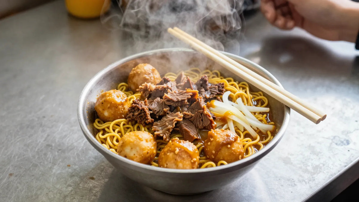 Steaming bowl of Hong Kong cart noodles with beef brisket fish balls and yellow egg noodles