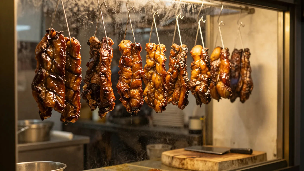 Glistening bronze-glazed char siu strips hanging on hooks in a Cantonese siu mei shop window