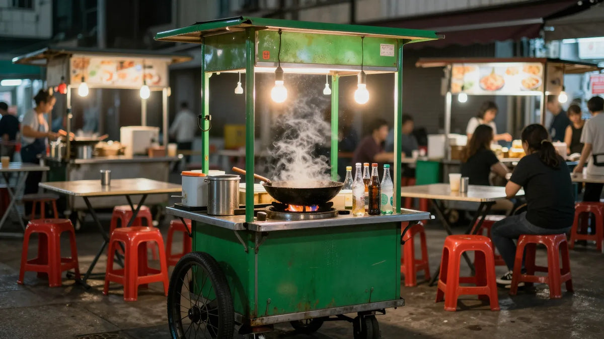 Traditional Hong Kong dai pai dong open-air food stall at night with bright green metal cart, hanging bare lightbulbs, sizzling wok on gas burner and red plastic stools