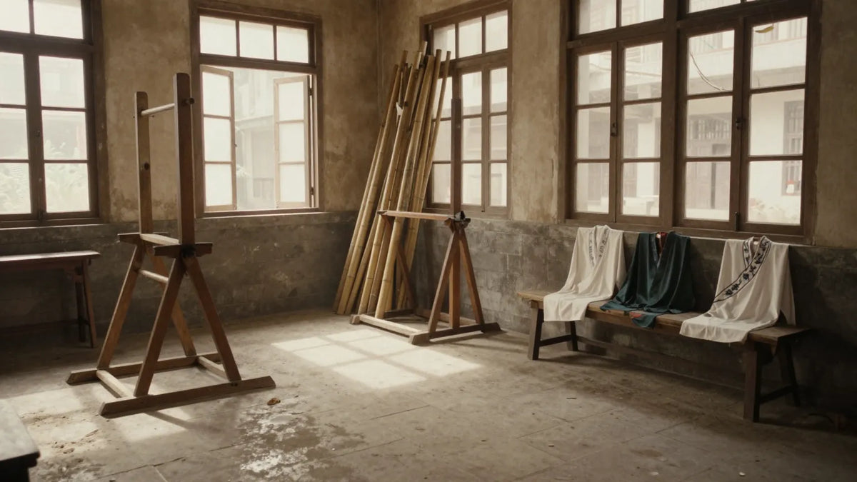 Vintage Hong Kong Peking Opera school training courtyard with wooden training apparatus and bamboo poles