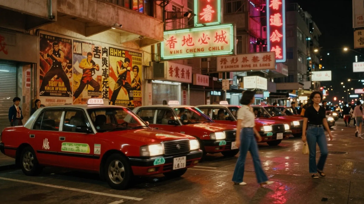 Vintage 1970s Hong Kong cinema street at night with glowing marquee, martial arts movie posters, parked red taxis and pedestrians