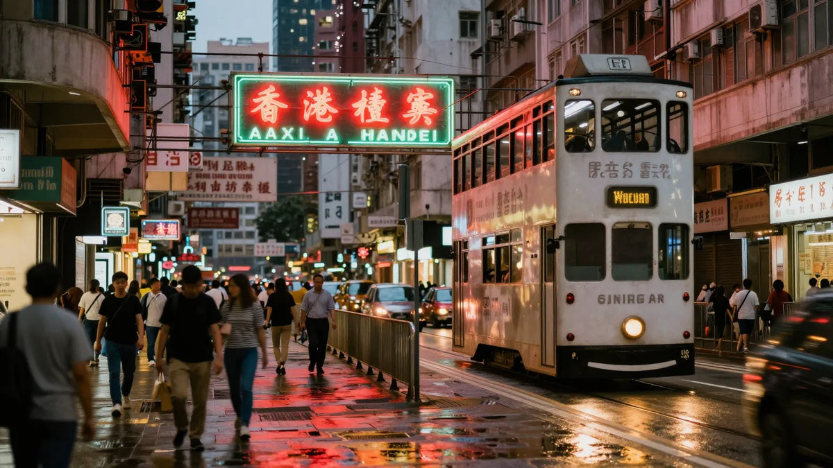 Dense Hong Kong crowded street corner at dusk with layered neon signs, wet pavement reflecting red and gold light, blurred pedestrians and a passing tram