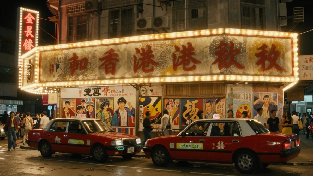 Vintage 1980s Hong Kong cinema marquee at night representing the era Andy Lau came up in