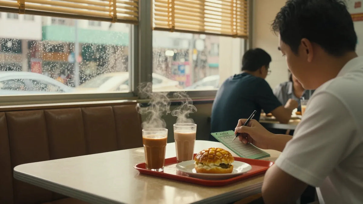 Interior of a Hong Kong cha chaan teng at breakfast with a waiter writing an order and a red tray of pineapple bun and milk tea