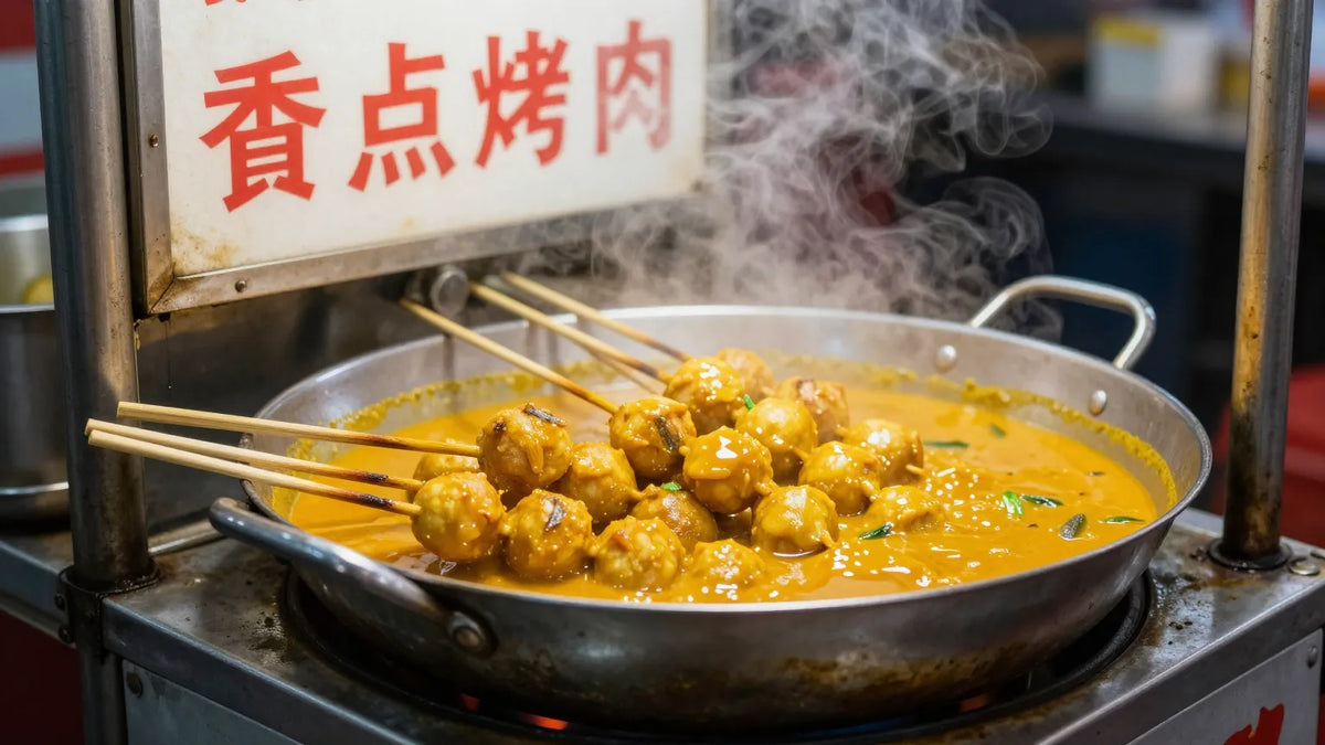 Curry fish balls on bamboo skewers simmering in an orange curry sauce wok at a Hong Kong street stall