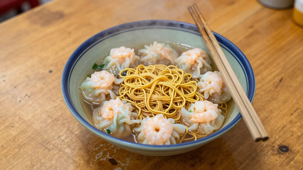 Overhead view of a Cantonese wonton noodle bowl with coiled golden egg noodles and shrimp wontons in clear broth
