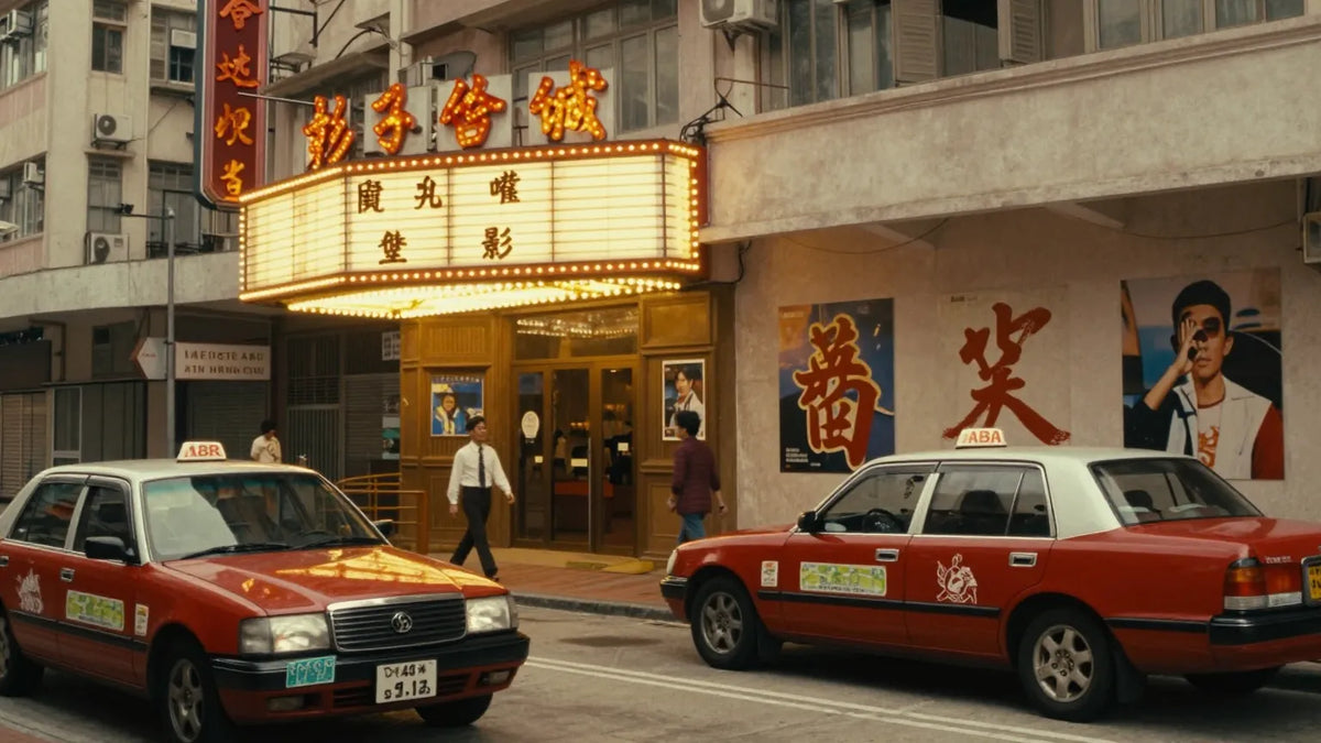 1980s Hong Kong street with vintage cinema marquee and parked old taxis at golden hour