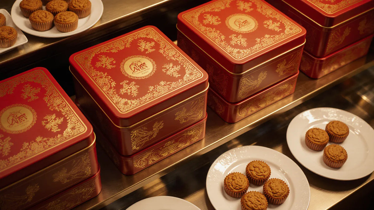 Red-and-gold ornate Chinese mooncake gift tins arranged on a Hong Kong bakery counter — the visual language of Mid-Autumn
