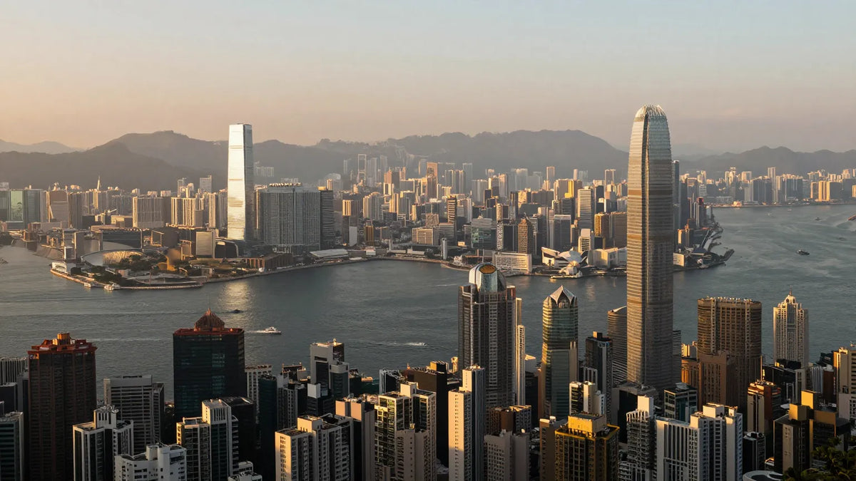Hong Kong Central skyline at sunrise with Victoria Harbour