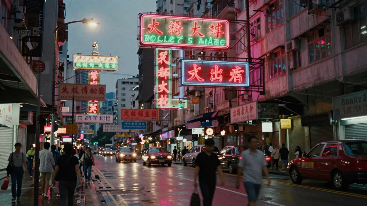 Classic Hong Kong Mong Kok street at twilight with layered neon signs and reflections