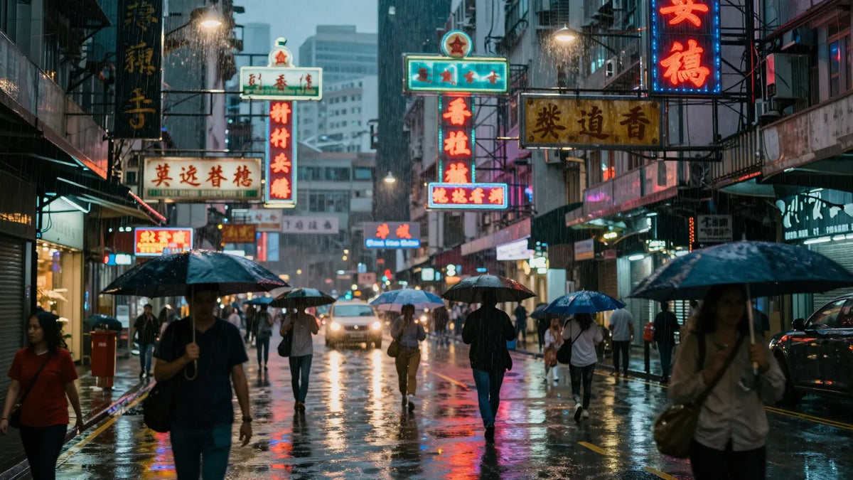 Dense Hong Kong street at night in heavy monsoon rain with neon signs reflecting on wet pavement