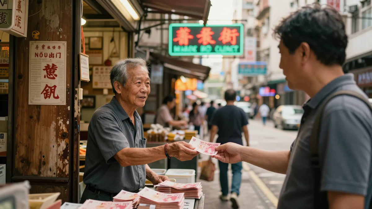 Hong Kong market street scene with vendor handing red HKD banknotes to customer under glowing Chinese character signage