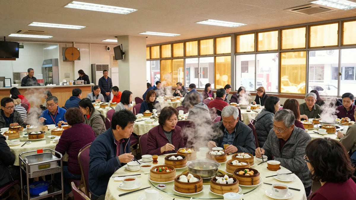 Busy Hong Kong yum cha hall with steaming bamboo dim sum baskets and families seated around round tables