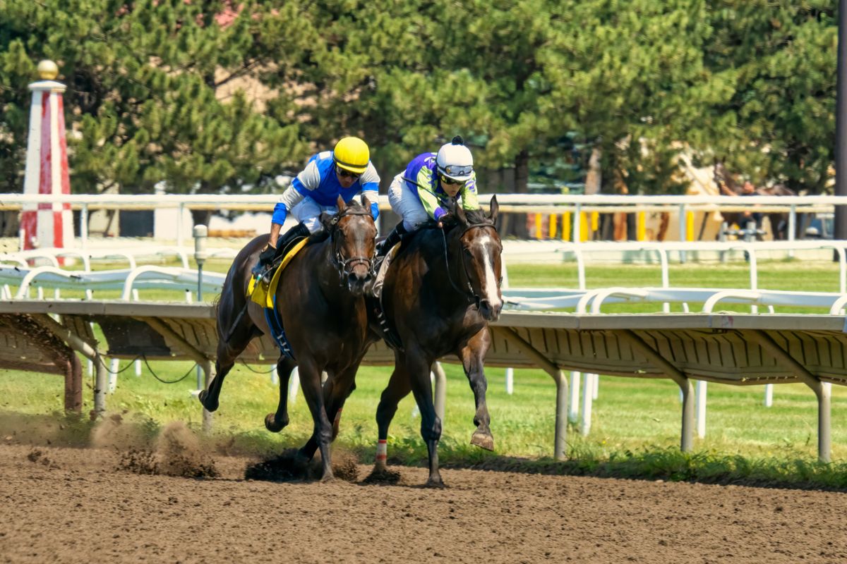 Jockeys riding thoroughbred horses on a dirt racetrack