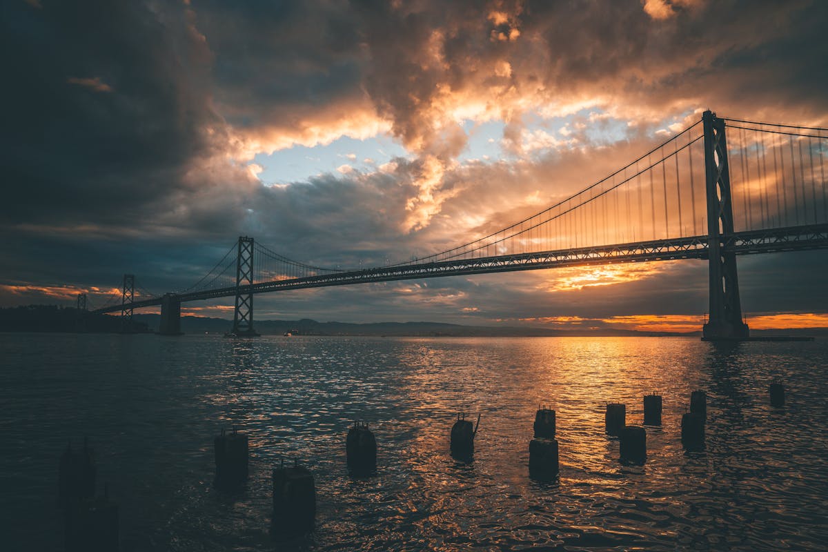 Silhouette of the Golden Gate Bridge during golden hour