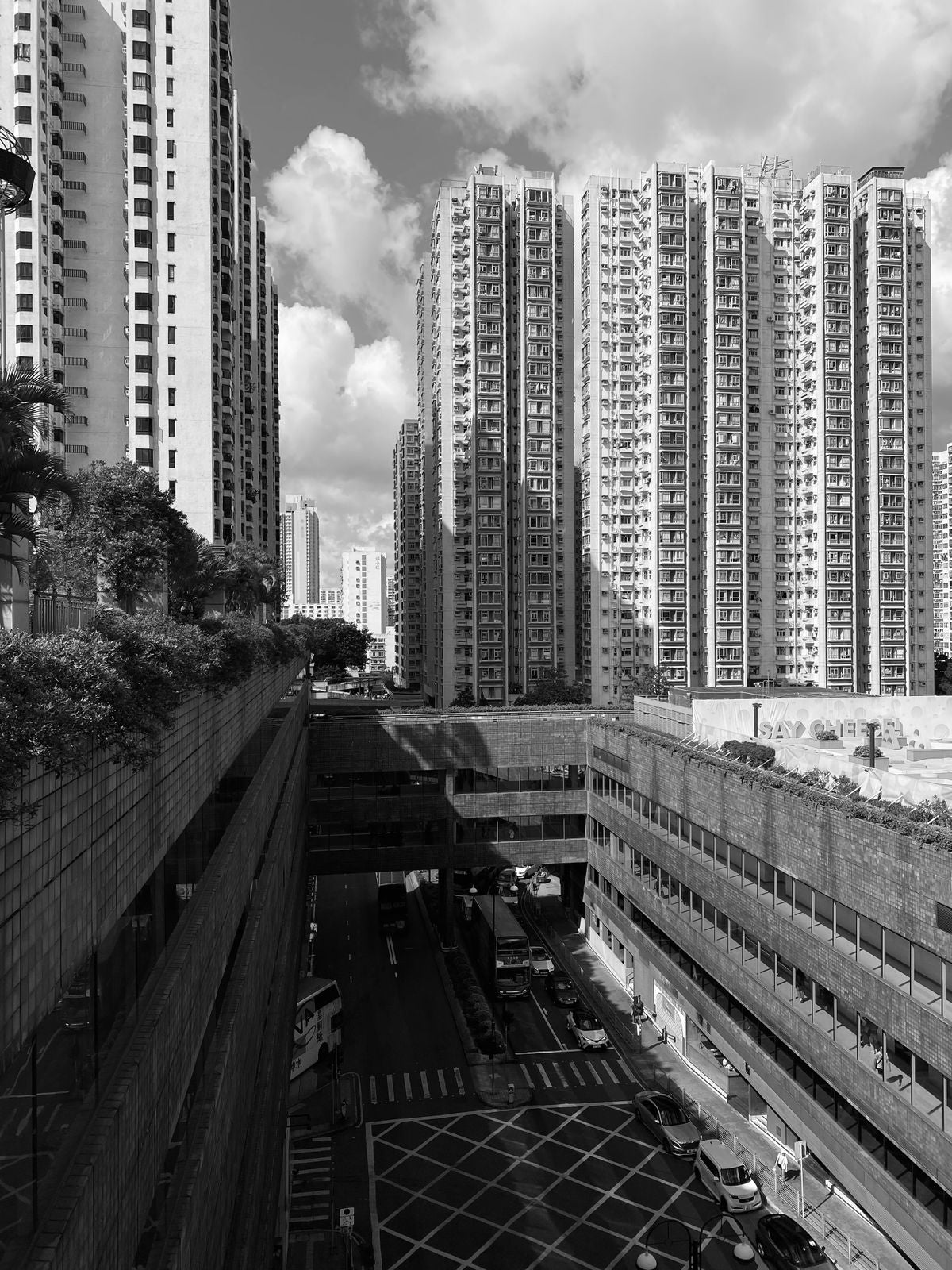 Black and white cityscape of Hong Kong