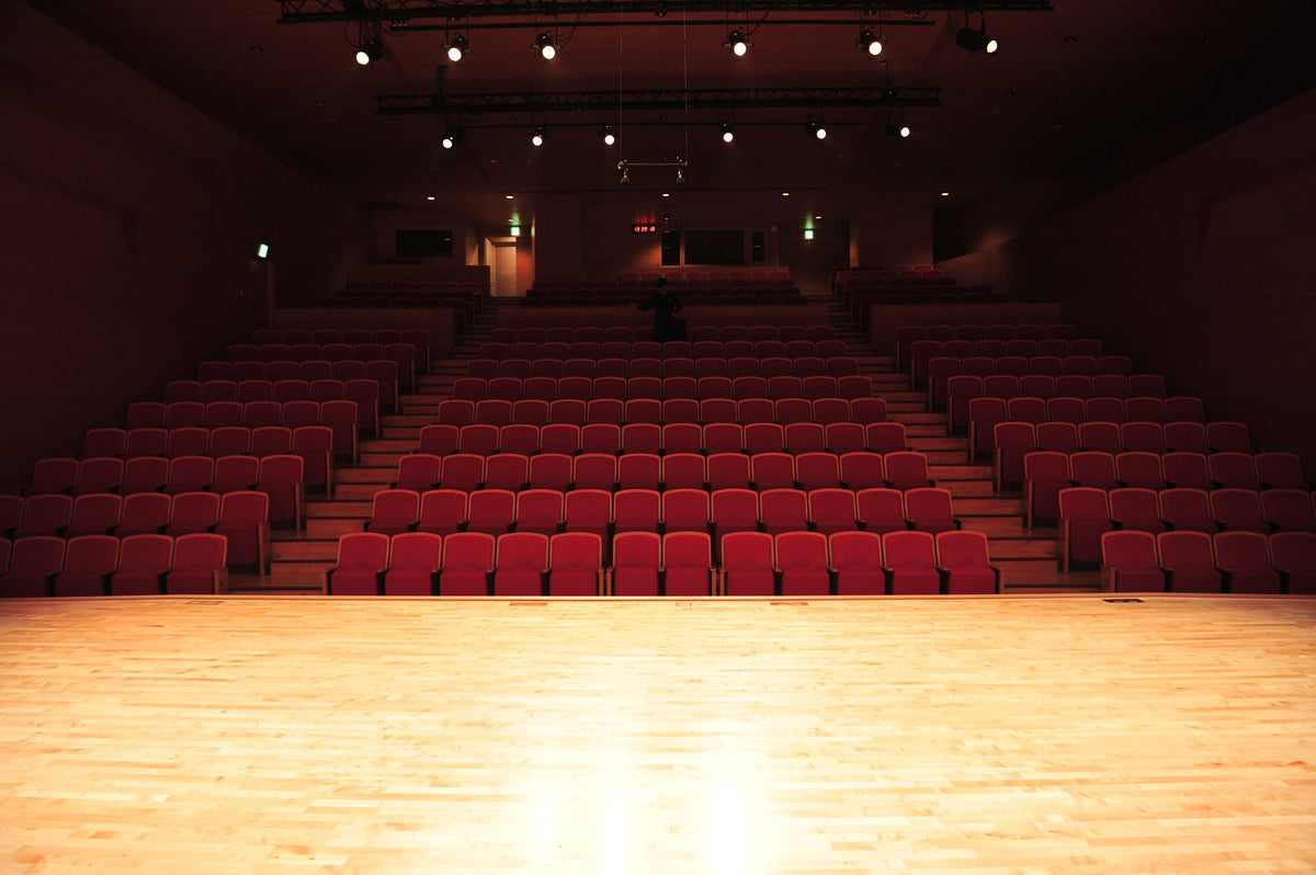 Empty theater interior with rows of red seats facing an illuminated stage — Dayo Wong Cantonese stand-up spotlight