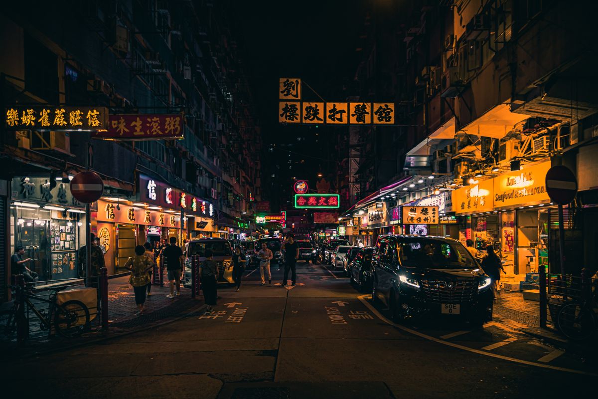 Hong Kong city skyline at dusk with dense skyscrapers
