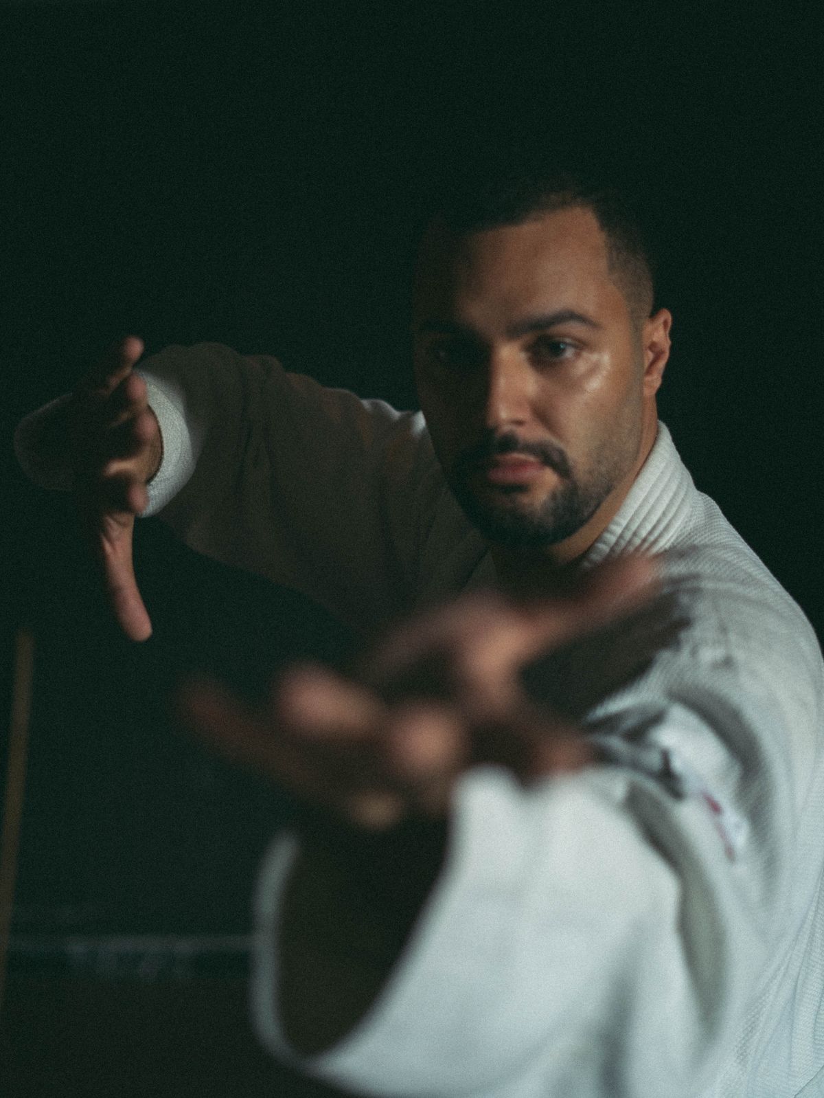 Martial artist in a focused kung fu pose
