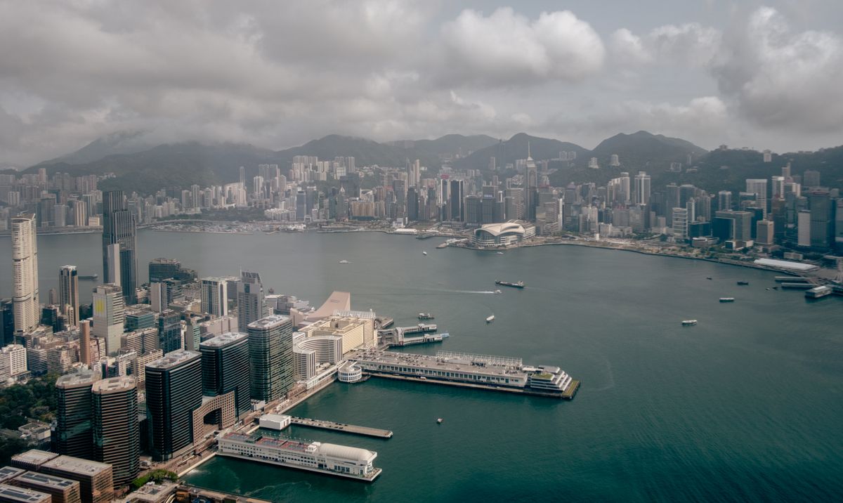 Aerial view of Hong Kong skyline and Victoria Harbour