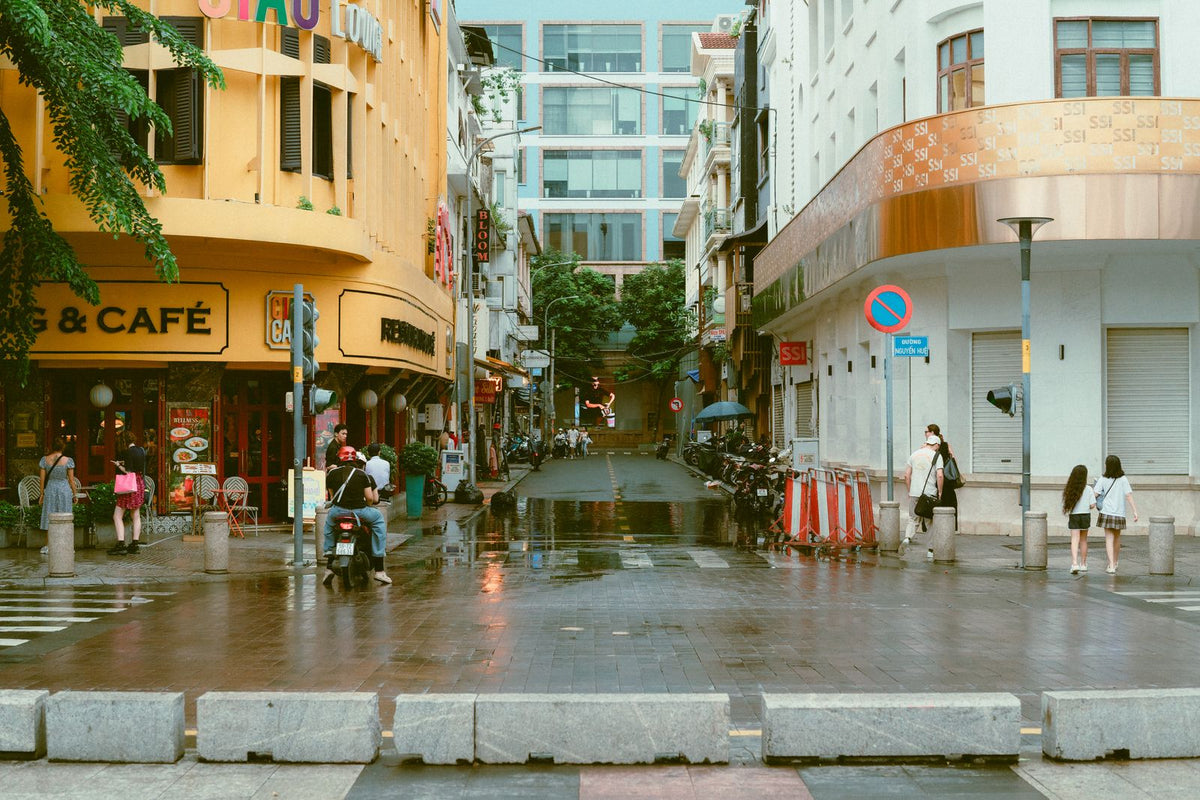 Vibrant street scene in Ho Chi Minh City, Vietnam with vibrant architecture and local life