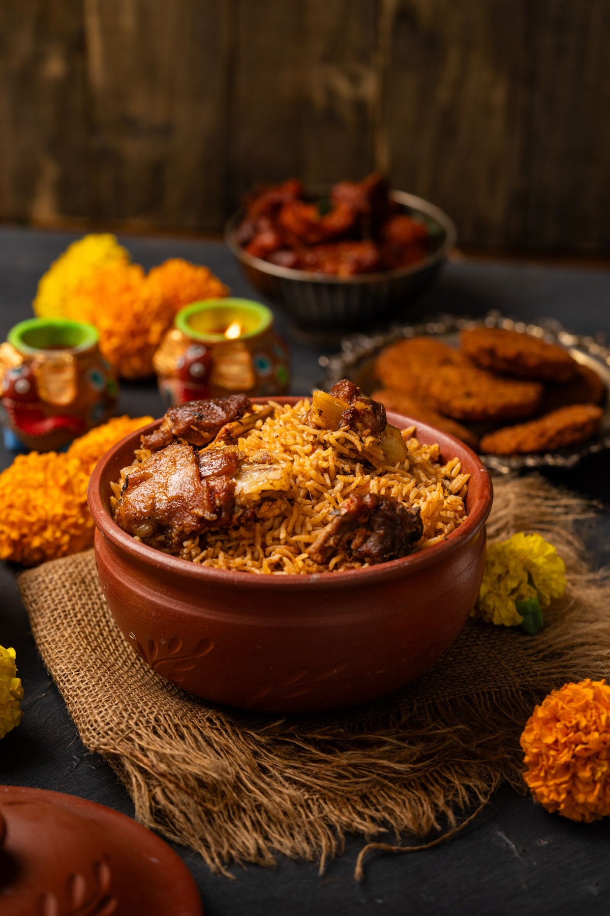 A traditional clay pot filled with aromatic chicken biryani and garnishes