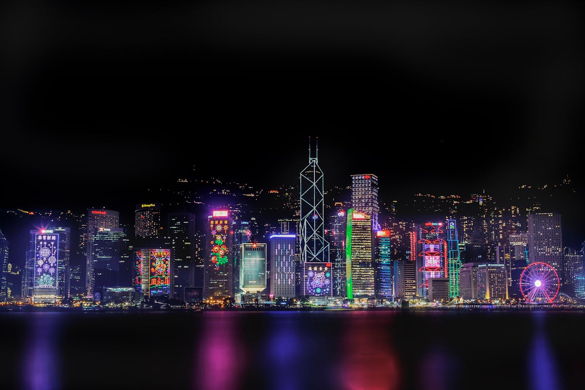 Vibrant Hong Kong skyline lit up brilliantly at night