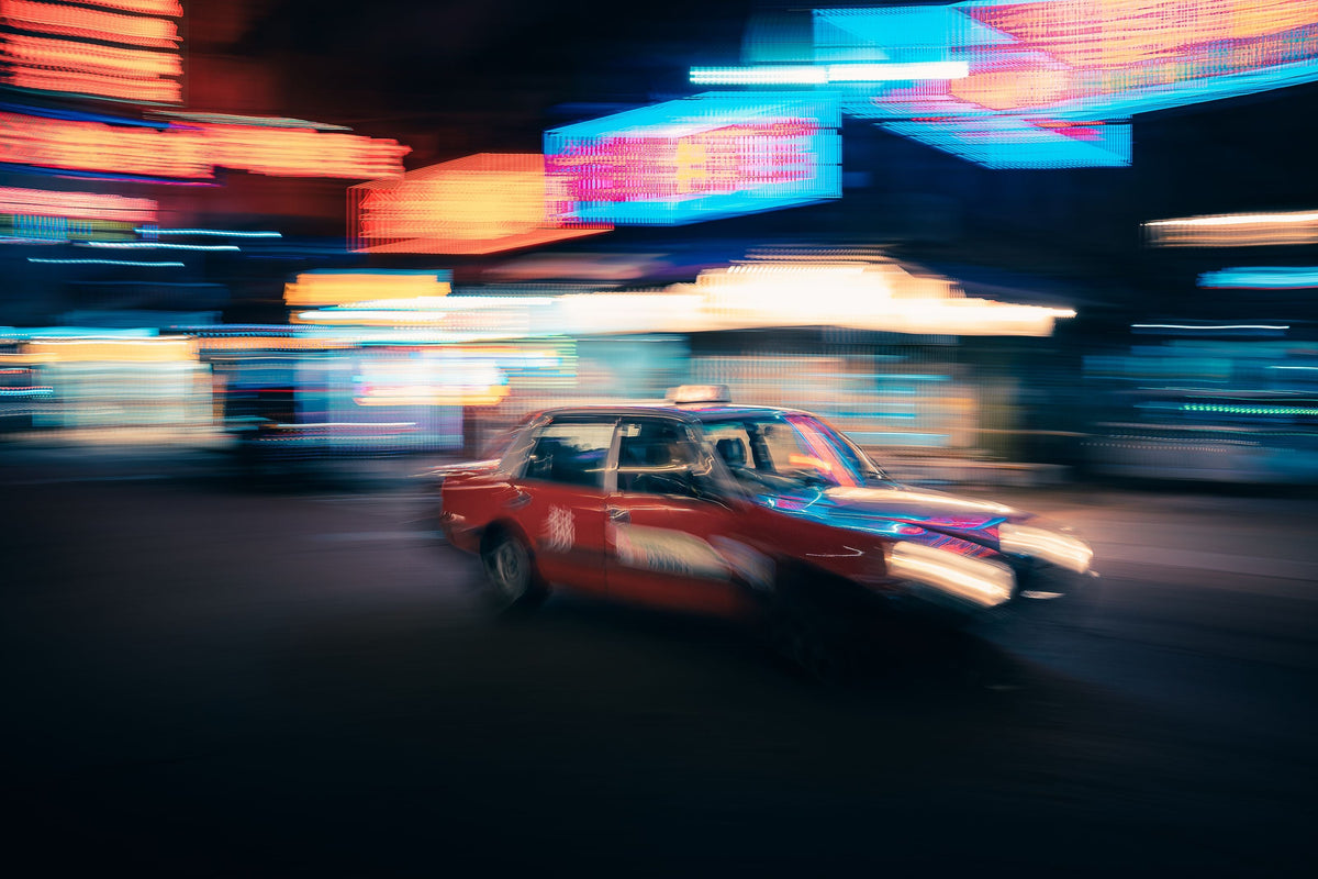 Wet Hong Kong street at night with red taxi in motion blur, neon signs — evoking a missed chance