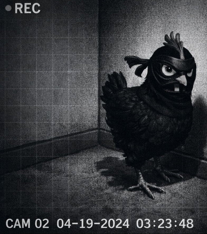 Black and white illustration of a bird with a mask in a room, resembling a security camera feed.